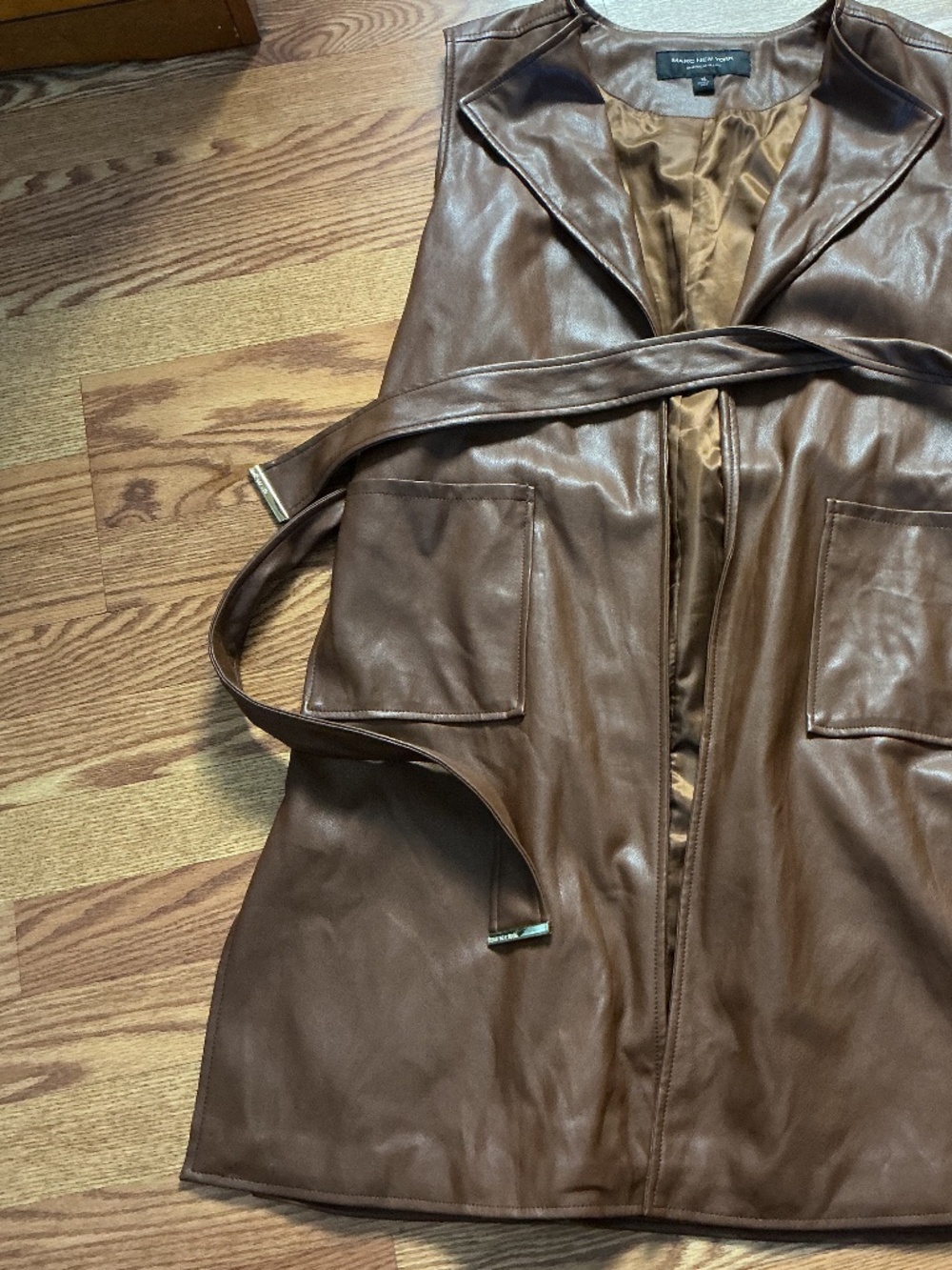 Marc New York Brown Faux Leather Belted Collared Tunic Vest Size XS